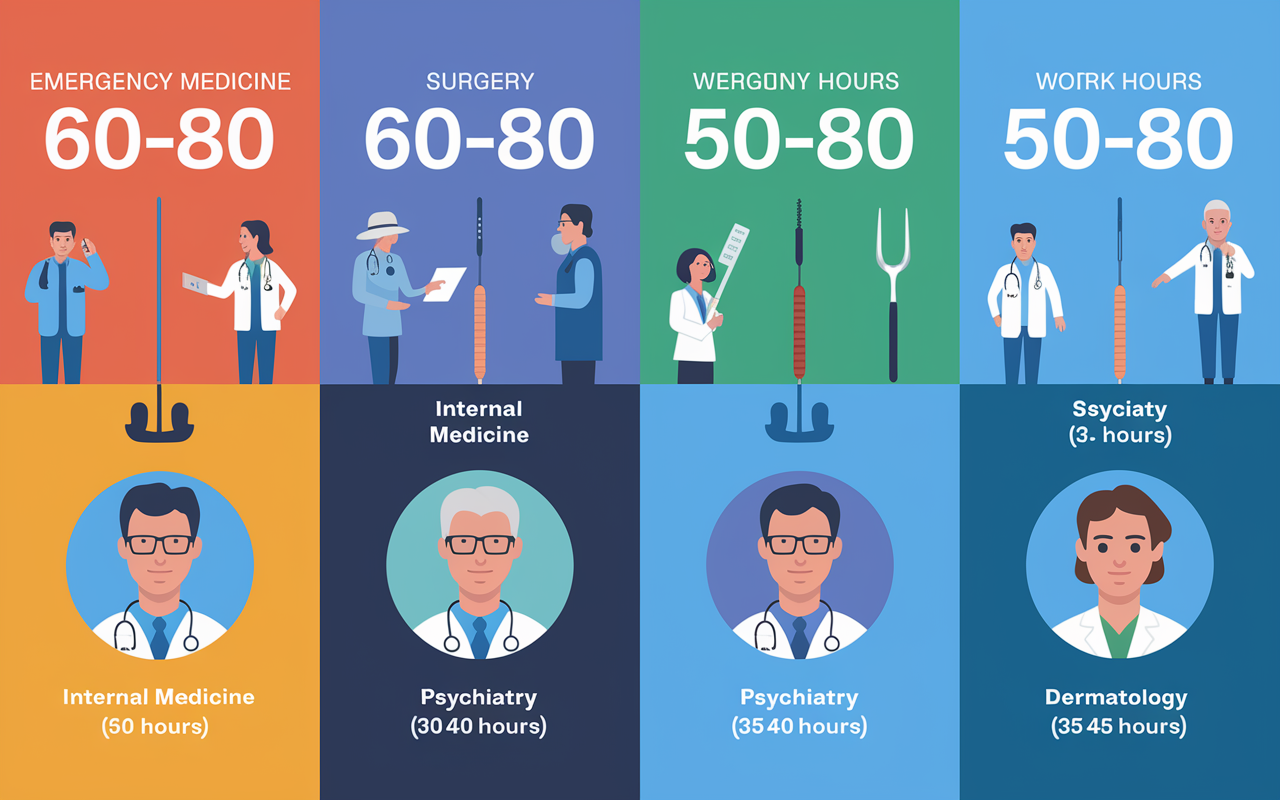 An infographic style illustration showing a chart comparing average work hours for different medical specialties. Include a visual representation for emergency medicine (60-80 hours), surgery (60-80 hours), internal medicine (50-60 hours), psychiatry (40-50 hours), and dermatology (35-45 hours). The colors are bright and engaging, with icons representing each specialty, like a stethoscope for internal medicine and a scalpel for surgery.