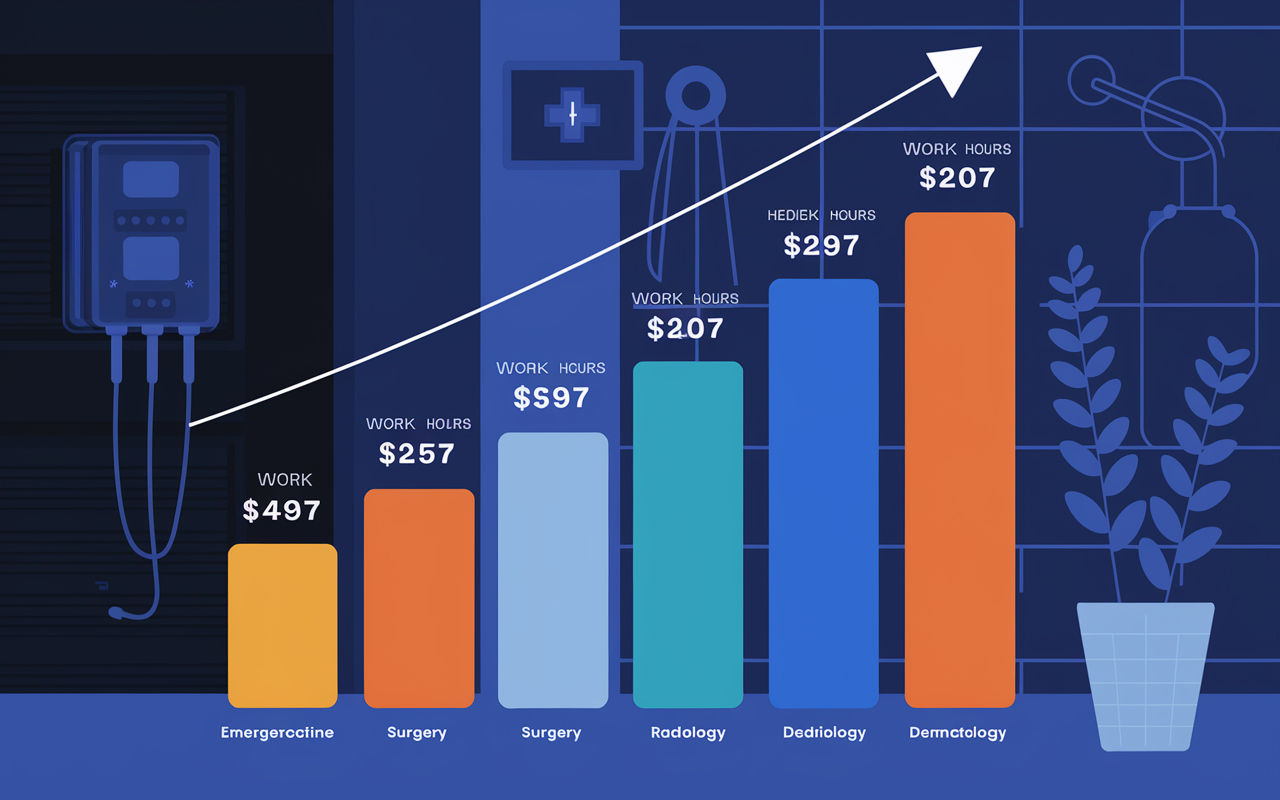 A dynamic bar graph showcasing salary comparisons across various medical specialties. Include highlighted figures for Emergency Medicine, Surgery, Radiology, and Dermatology. The background should represent a medical setting with subtle hints of medical equipment, and the design should use contrasting colors for clarity, emphasizing the relationship between work hours and earnings.