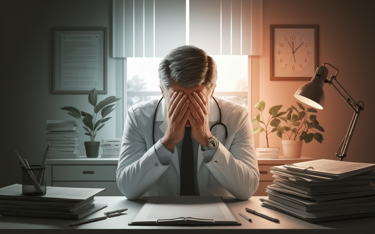 A poignant visual representation of a physician experiencing burnout. Show the physician in a dimly lit office, surrounded by paperwork, a cluttered desk, and a tired expression. Contrast this with a bright background symbolizing health and well-being, with elements like plants and a clock indicating time and balance. The emotion of fatigue is palpable, yet the hopeful light represents the need for recovery and support in the medical profession.