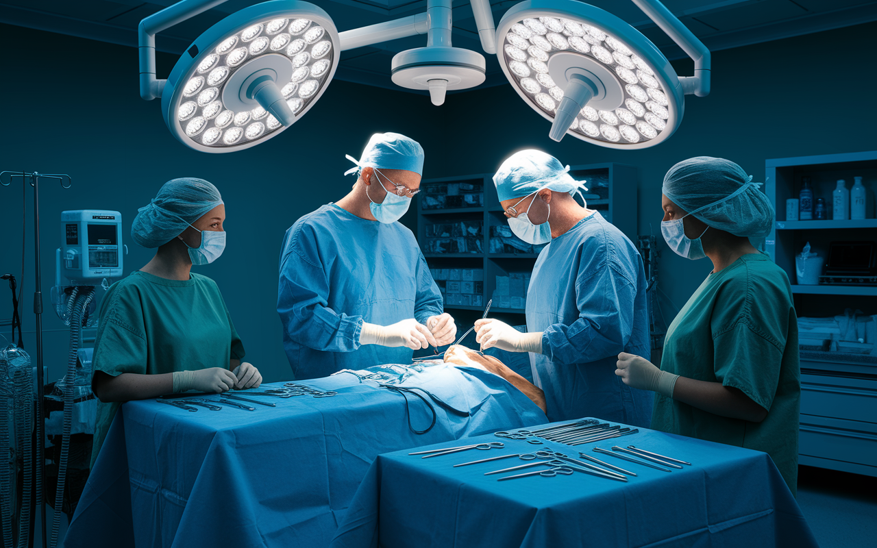 An illustrative representation of a physician in an operating room, performing a complex orthopedic surgery with various surgical instruments around. The scene conveys a high-stakes environment and the skill required in this lucrative specialty. Emphasize details like surgical lights casting focused beams, medical team members assisting, and the patient on the operating table appearing relaxed. High contrast lighting and realistic textures.