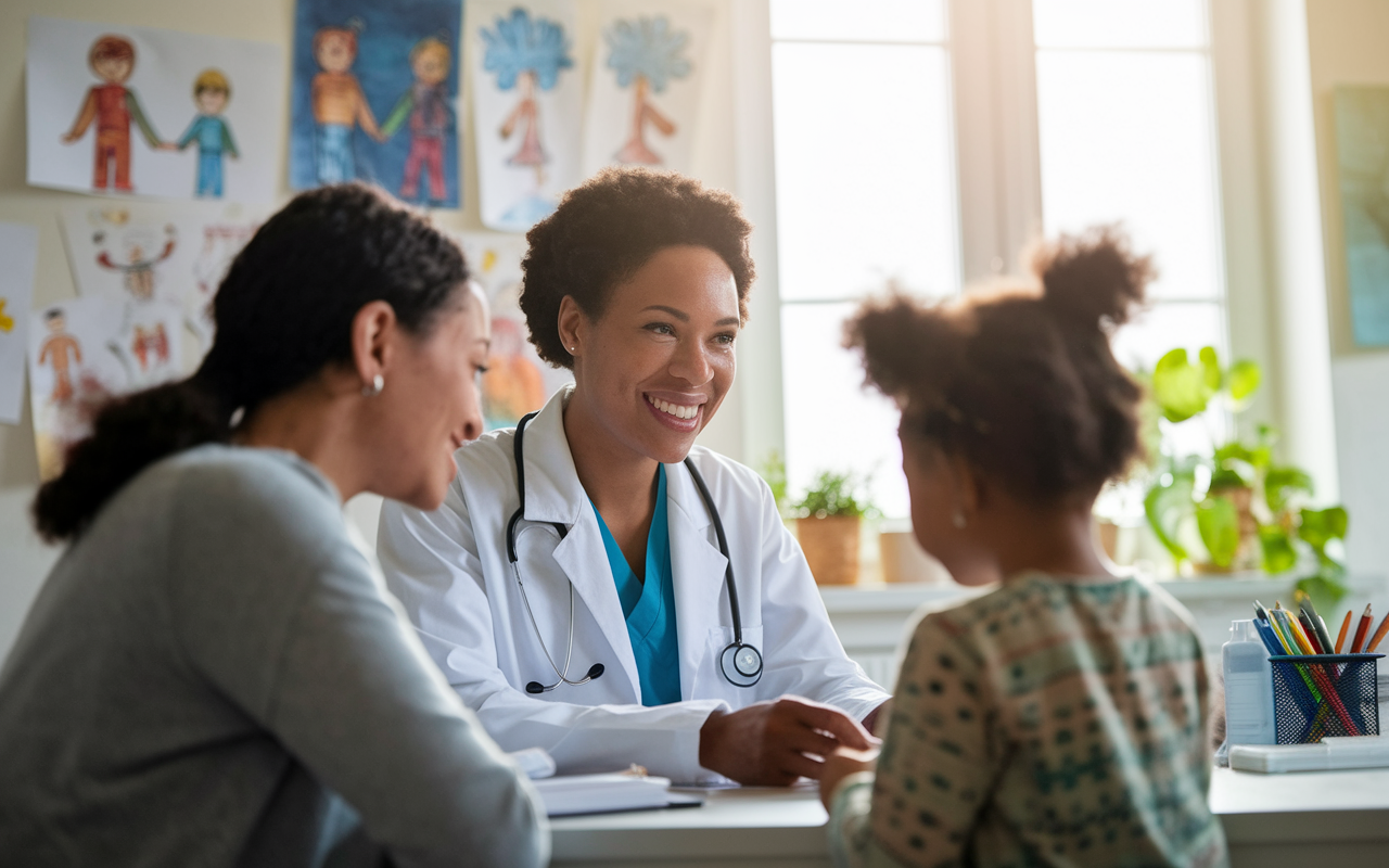 A warm and inviting scene of a family medicine physician in an office, engaging with a young child and their parent. The office is decorated with children’s drawings and a variety of medical tools. Soft natural light filters in through a window, creating a comforting atmosphere. The physician smiles, demonstrating a caring approach, emphasizing the importance of primary care in healthcare.