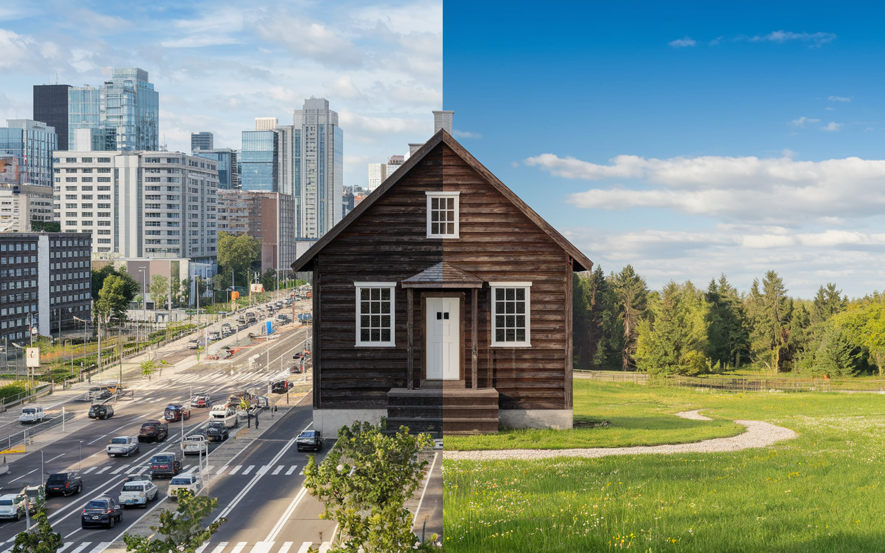 A split scene showcasing a bustling urban hospital on one side and a quaint rural clinic on the other. The urban side is filled with high-rise buildings, busy streets, and modern medical equipment, while the rural side features a small wooden clinic surrounded by lush greenery and a serene landscape. Contrast the salaries as visual infographics, demonstrating the differences in compensation based on location.