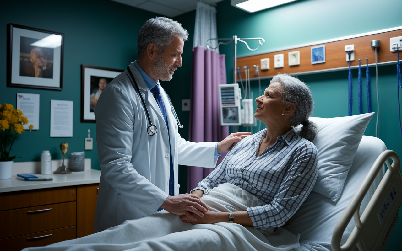 A seasoned physician in a hospital setting, confidently attending to a patient in a private room, showcasing years of experience and compassion. The physician's gray hair reflects wisdom, and the decor of the room enhances a clinical yet comforting atmosphere. Use soft lighting to create an empathetic ambiance, highlighting the doctor-patient interaction.