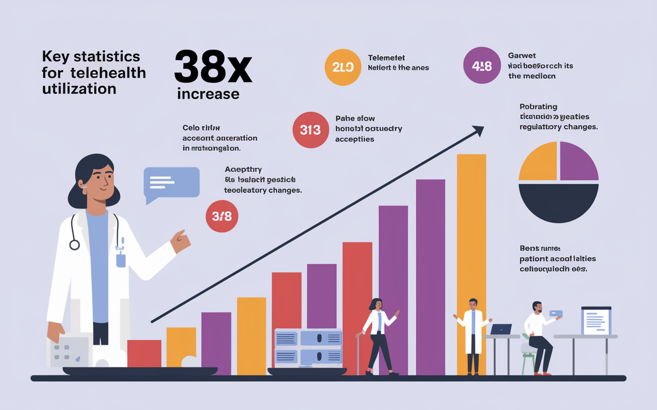 An informative infographic displaying key statistics about the rise of telemedicine, set against a clean backdrop. Graphs highlight a 38X increase in telehealth utilization, with pie charts representing patient acceptance statistics and regulatory changes. The visual combines vibrant colors and clear icons to communicate growth trends in the healthcare industry due to telemedicine, showcasing its importance in modern healthcare delivery.