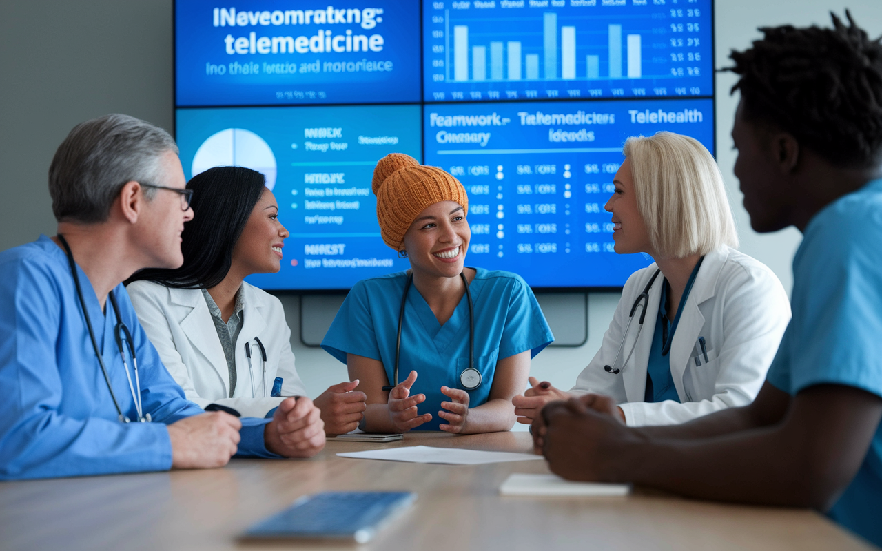 A group of diverse healthcare professionals engaged in a discussion about integrating telemedicine into their practice. The setting is a modern conference room with a digital screen displaying data and trends in telehealth. Interest and enthusiasm are evident on their faces as they brainstorm ideas, showcasing teamwork and innovation in adapting to the new digital healthcare landscape.