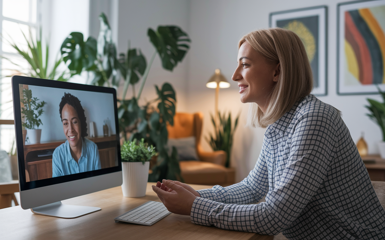 A mental health therapist in a peaceful, well-decorated room, conducting a teletherapy session. The screen displays a patient sharing their thoughts, while the therapist listens with an empathetic expression, promoting a supportive atmosphere. The lighting is soft and calming, with plants and artwork in the background, symbolizing the importance of mental well-being in the growing field of telehealth.