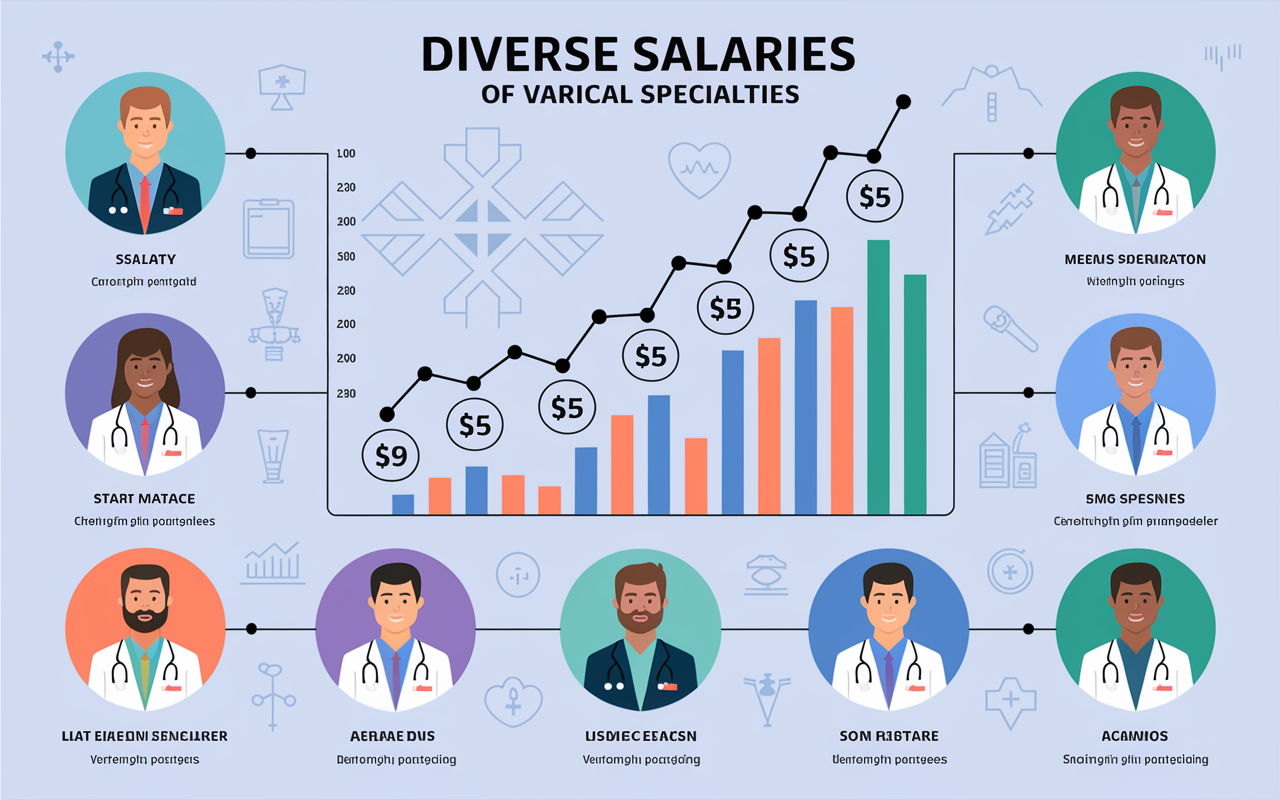 An infographic illustrating the diverse salaries of various medical specialties. Each specialty is represented with an icon, and a chart comparing starting salaries to late-career earnings is displayed. The background features light medical graphics to enhance the professional feel, presenting a clear visual understanding of how different factors affect physician compensation.