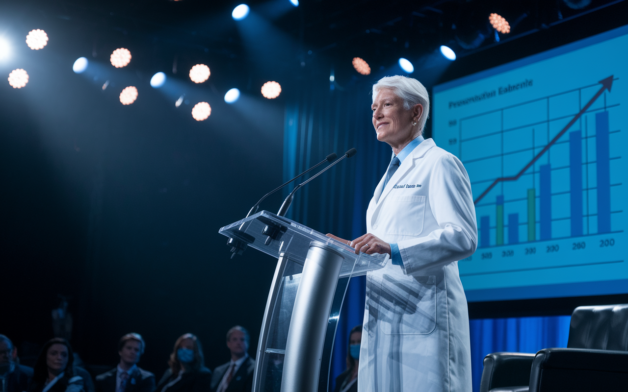 A senior physician in a crisp white coat standing confidently at a podium during a medical conference. They are addressing an audience, their reputation evident in their poise and the respect shown by attendees. A backdrop featuring a presentation slide with a growth chart symbolizes their successful leadership in the medical field. The atmosphere is one of achievement and authority, lit by focused stage lights.