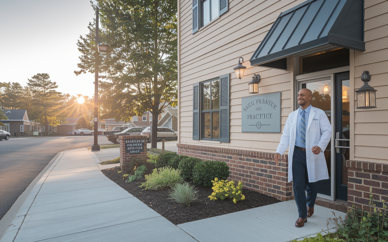 A newly minted private practice surrounded by a calm, busy neighborhood. The building features a welcoming sign and attractive landscaping with patients entering. Inside, a confident physician greets patients warmly, showcasing a blend of clinical professionalism and personal touch—the essence of a dedicated doctor embracing new entrepreneurial challenges.