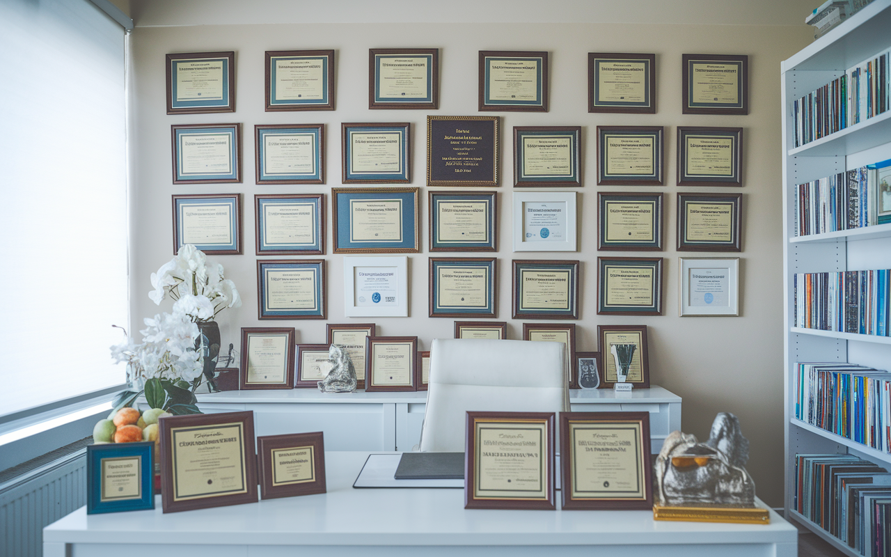 A visually engaging display of medical certifications and awards framed on a wall in a physician's office. The room is bright and organized, with a desk showcasing commendations, and a bookshelf filled with medical literature. The atmosphere conveys a sense of achievement and dedication, reflective of a successful medical career.