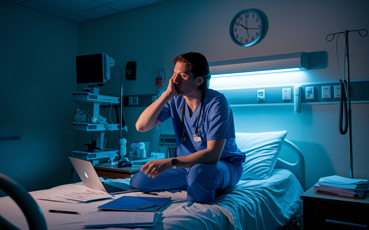 A medical resident in scrubs, exhausted yet determined, working late at night in a hospital room. The dim lighting reveals a wall clock showing the late hour, with medical charts and a laptop cluttering the workspace. The resident is perched on a hospital bed, jotted notes scattered around, exhibiting the toll of long hours and the stress of balancing multiple responsibilities. Soft shadows create a poignant atmosphere indicating fatigue and commitment.