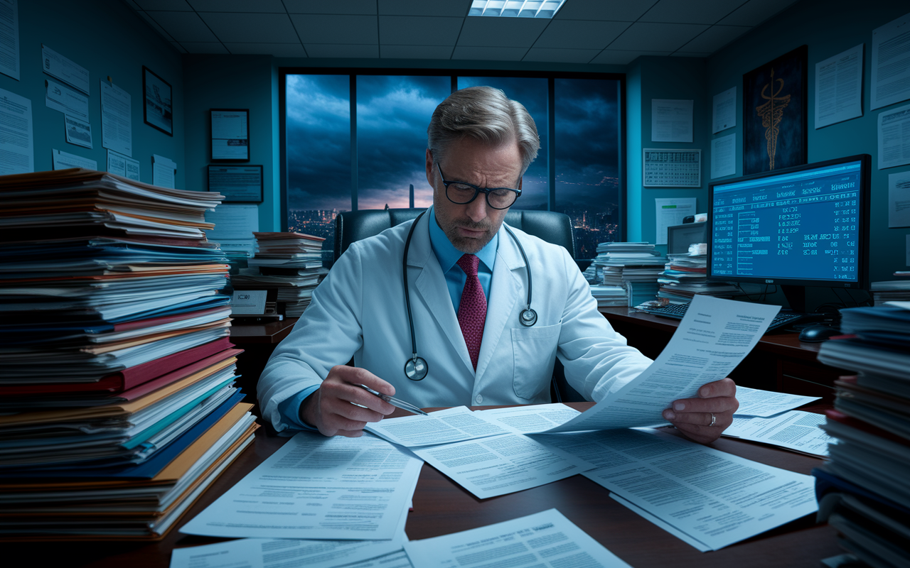 A concerned physician in a cluttered office, surrounded by paperwork and hospital notices, reviewing a costly malpractice insurance bill. The room is dimly lit, with stacks of files and a computer screen displaying financial data. A window in the background shows a stormy night, reflecting the stress and unpredictability of financial burdens in medical practice. The atmosphere conveys tension, uncertainty, and the enormity of oversight responsibilities.