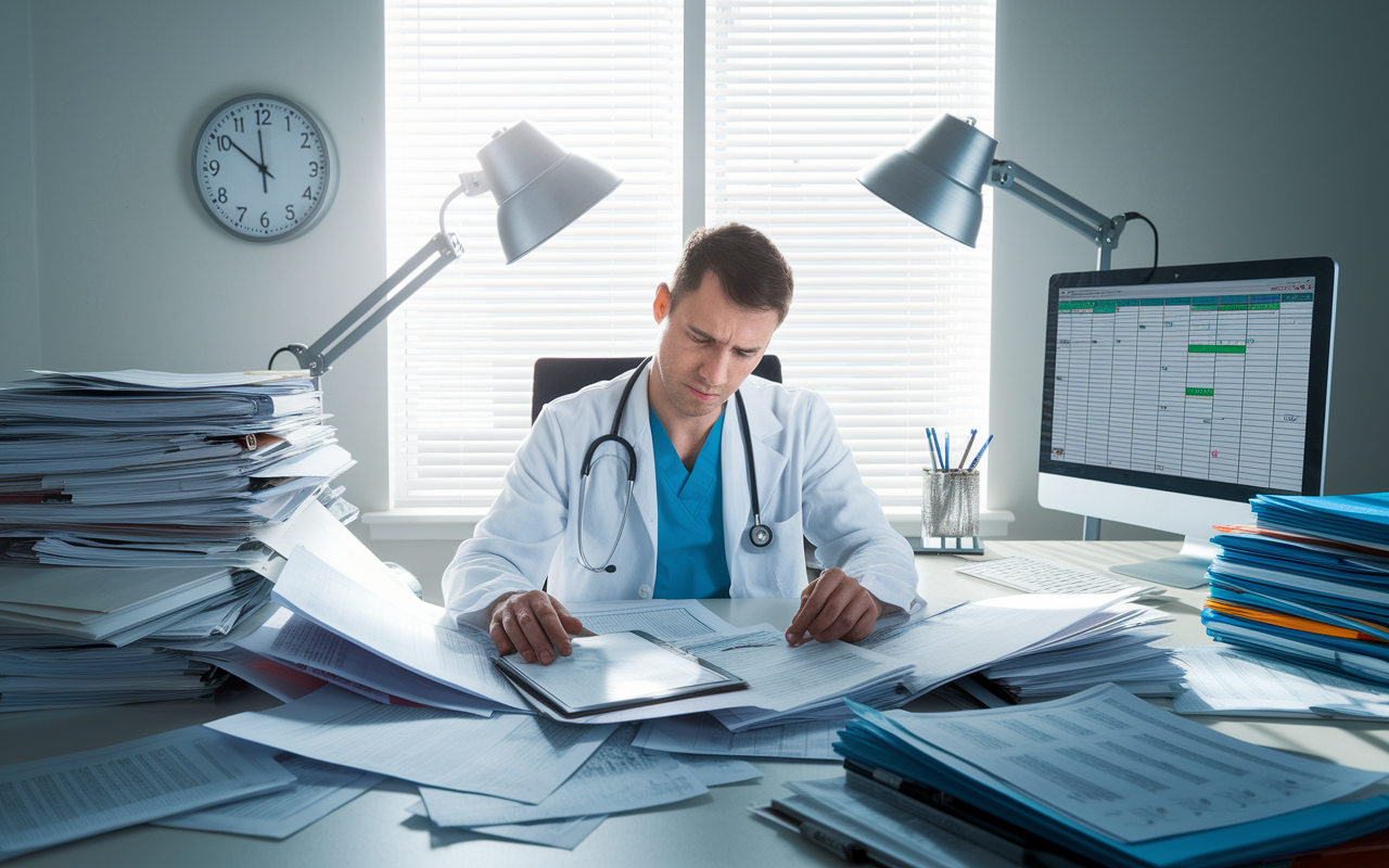 A physician surrounded by a mountain of paperwork and medical charts, visibly overwhelmed. In a brightly lit office, the clock ticks loudly, emphasizing the time spent on administrative tasks. A computer screen showcasing multiple tabs of electronic health records adds to the chaos, while a few medical equipment items sit untouched in the corner, representing the neglect of patient care due to paperwork responsibilities. The mood is tense, busy, and increasingly chaotic.