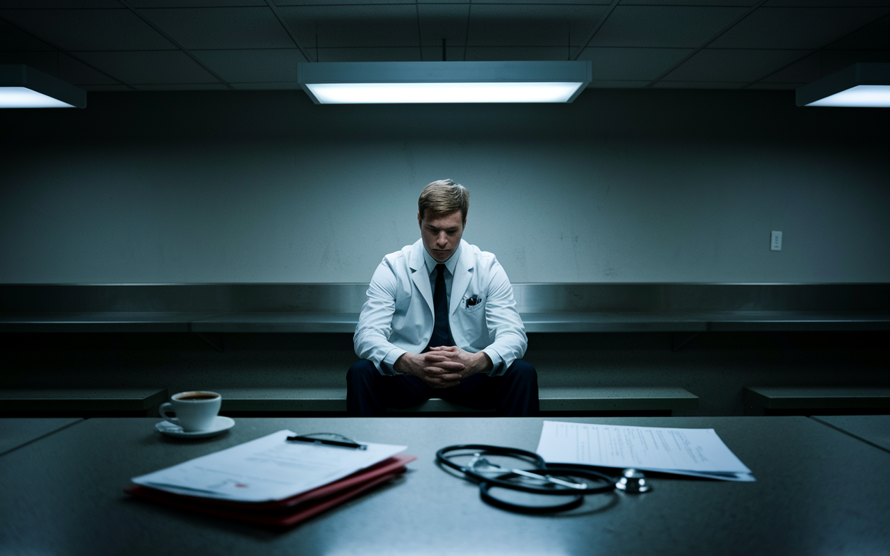 A tired physician sitting alone in an empty break room, with a distant gaze and burdens of stress visibly evident. The room is dimly lit, with an untouched cup of coffee beside them and a flickering fluorescent light overhead. Medical charts and a stethoscope lie forgotten on the table, symbolizing the toll of burnout and the pressing weight of responsibilities. The atmosphere is heavy, contemplative, and indicative of isolation.