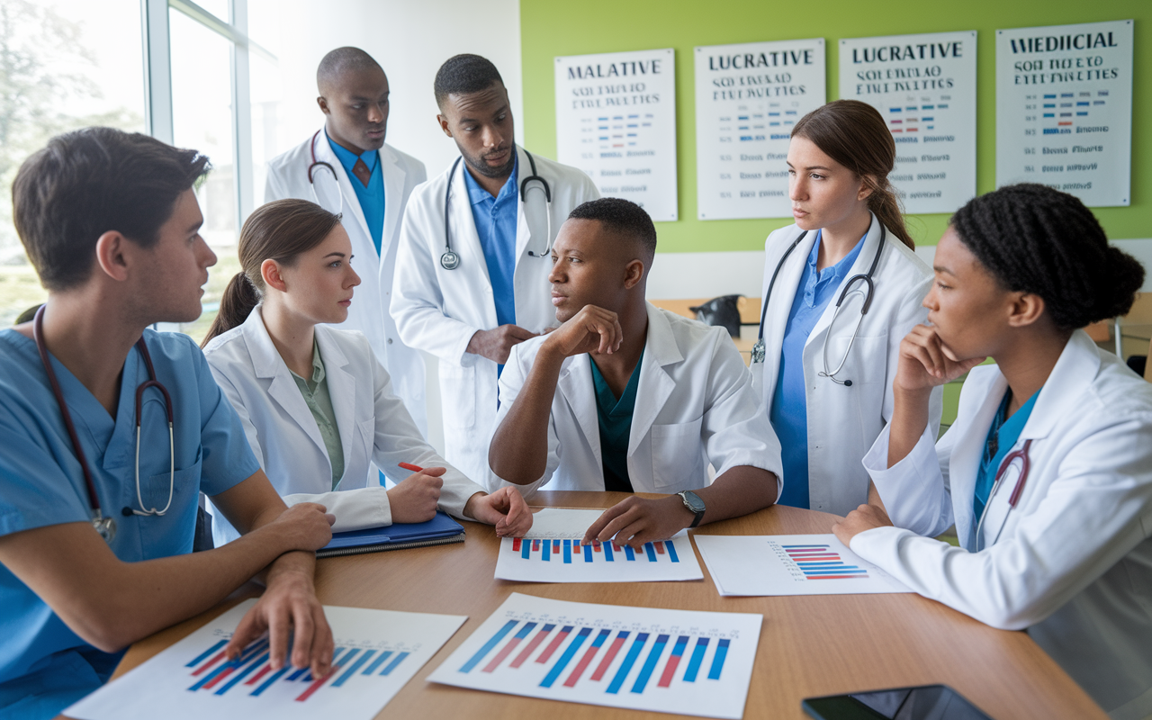 A group of medical students gathered in a brightly lit classroom, contemplating their future specialties. Some are animatedly discussing while others appear contemplative, surrounded by charts showing salaries of various specialties. The classroom walls adorned with medical posters highlight both lucrative and fulfilling paths. The atmosphere blends ambition with uncertainty, as aspirations clash with financial pressures.