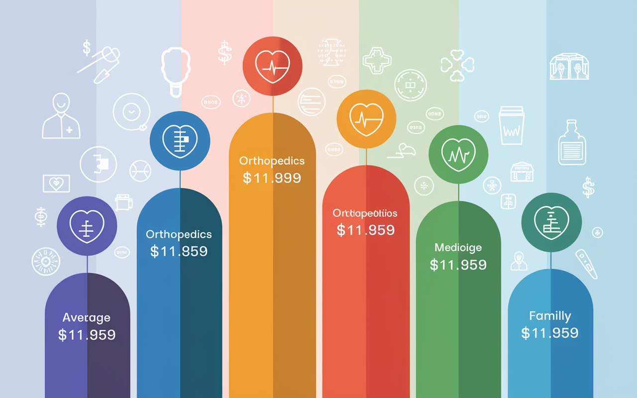 An infographic-style illustration showing a lively comparison of physician salaries by specialty. It features colorful bars representing different medical specialties like orthopedics, cardiology, and family medicine, each with their average salary clearly displayed. The background should have a light gradient to enhance visibility, while stylized icons representing each specialty add visual interest.