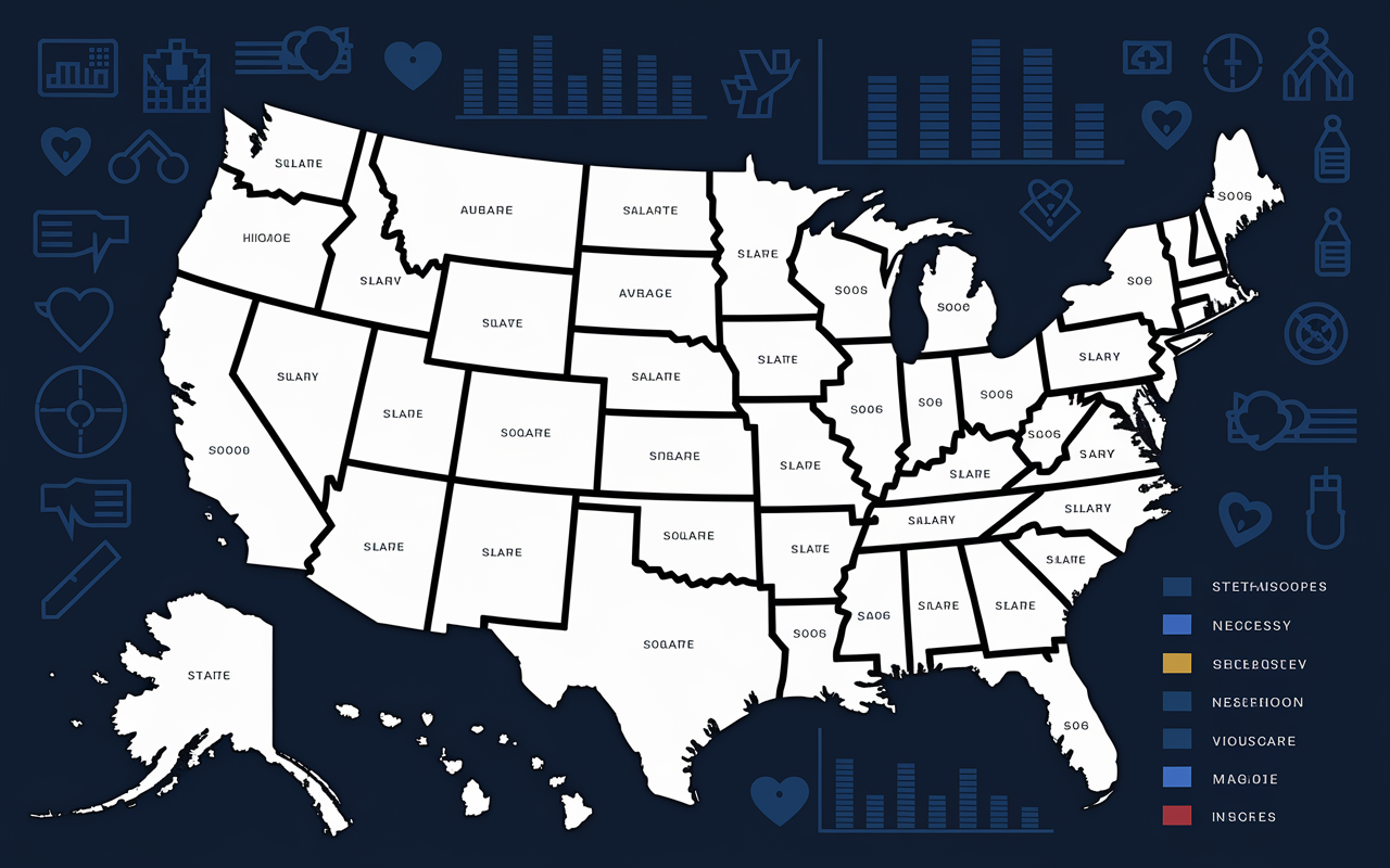 A detailed map of the United States highlighting physician salary variations by state. States are color-coded to indicate high, average, and low salaries among physicians, with a legend on one side. Visual indicators like graphs next to states provide quick salary insights, against a backdrop that suggests healthcare themes, such as stethoscopes or hospital icons.