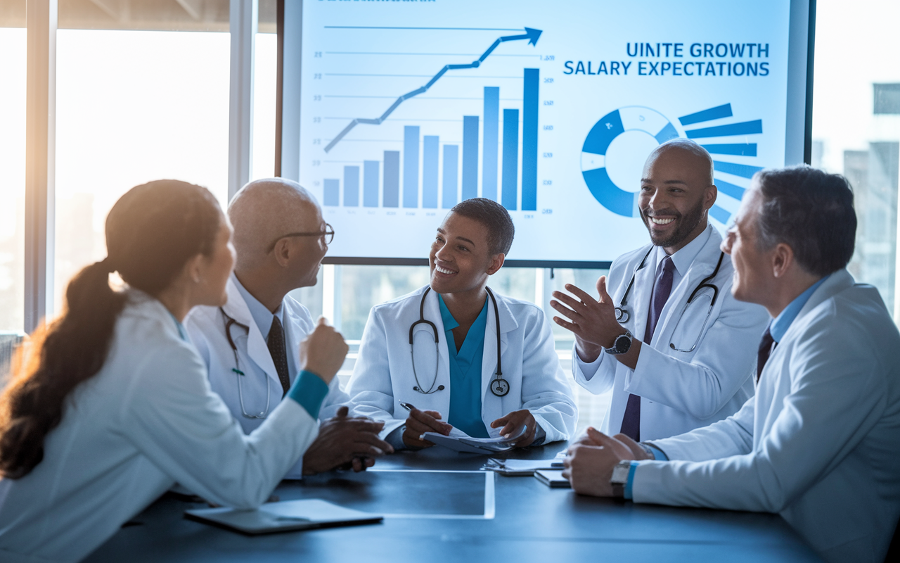 A group of diverse physicians gathered in a modern conference room, discussing future trends in healthcare and salary expectations. They are engaged in an animated discussion, with graphs and charts projected on a screen behind them, symbolizing growth in the medical profession. Soft natural lighting filters through large windows, creating an optimistic atmosphere.