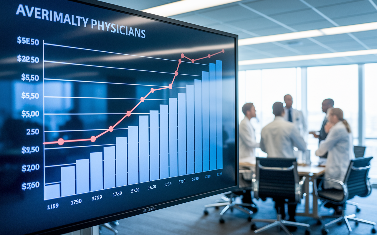 A detailed bar graph displayed on a screen in a conference room, comparing average salaries of primary care and specialty physicians. The chart showcases distinct differences in figures, with specialty physicians earning significantly higher. The room is modern and professional, suggesting a setting where medical professionals analyze financial data. Soft lighting highlights the bar graph and a group of healthcare professionals engaging in discussion, illustrating a serious yet collaborative atmosphere.