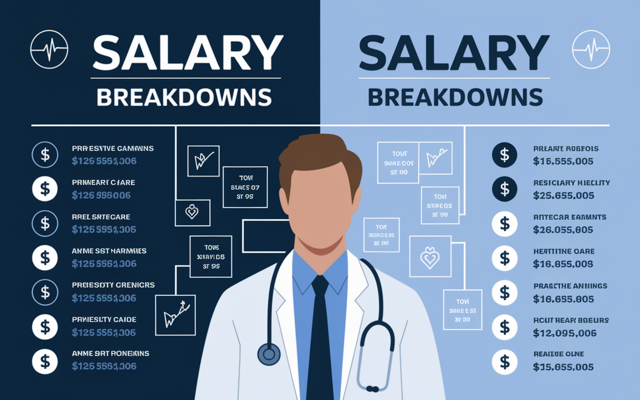 An infographic summarizing the salary breakdowns for both primary care and specialty physicians, displaying key specialties alongside their respective average earnings. The background features a stethoscope and medical icons, creating a healthcare theme. The color palette is professional, using blues and whites, with clear headings and figures to enhance readability and engagement.