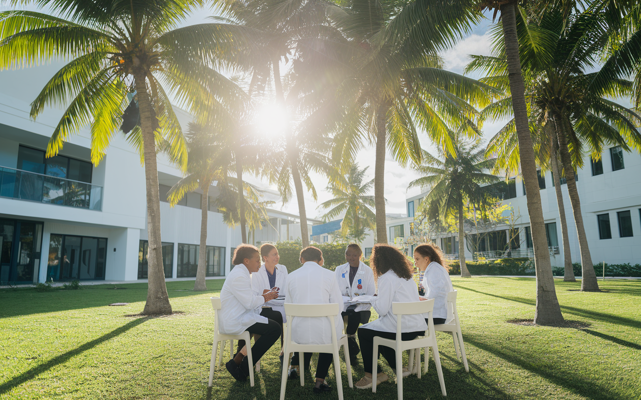 A bustling scene at Ross University School of Medicine in Barbados, students in white coats collaborating on a medical case discussion outdoors, surrounded by tropical greenery and modern educational buildings, sunlight filtering through the trees, creating a lively and inspiring atmosphere for learning.