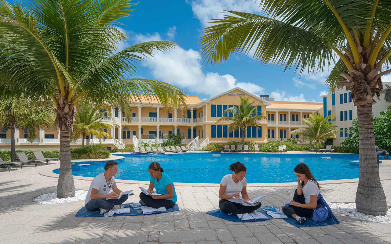 A vibrant scene at the American University of the Caribbean in Sint Maarten, students studying in small groups under shaded palm trees, a backdrop of Caribbean architecture and clear blue skies, reflecting a supportive and collaborative environment for medical education.