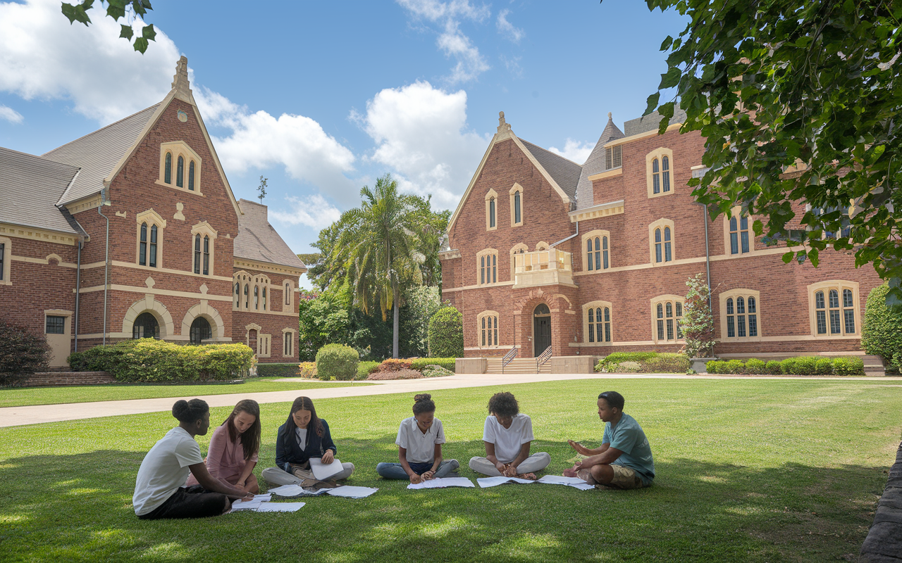 An impressive exterior view of the University of the West Indies campus featuring its distinctive architecture, students engaged in group studies on green lawns, a sunny day illuminating the surroundings, showcasing the rich academic and cultural environment of one of the Caribbean's leading medical schools.