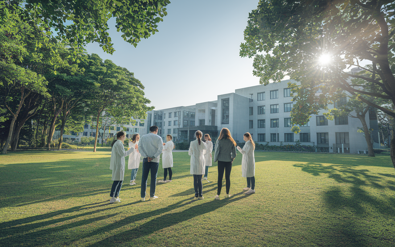 A serene view of Saba University School of Medicine, nestled in the lush greenery of Saba island, students engaging in hands-on clinical training in small groups, bright and sunny weather, highlighting the personalized learning environment and focus on clinical skills.