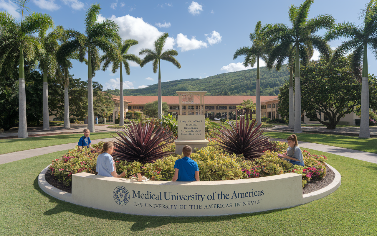 A picturesque campus view of the Medical University of the Americas in Nevis, featuring students participating in community health initiatives, tropical scenery in the background, and a vibrant atmosphere promoting patient-centered care and student engagement.