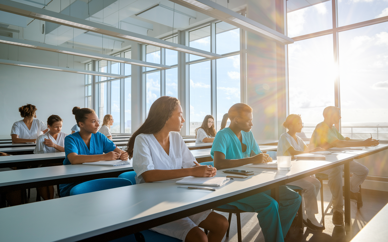 A dynamic classroom scene at Caribbean Medical University in Curacao, with students engaged in interactive practical sessions, modern teaching facilities visible, bright sunlight streaming in through large windows, portraying a cutting-edge learning experience focused on practical training.