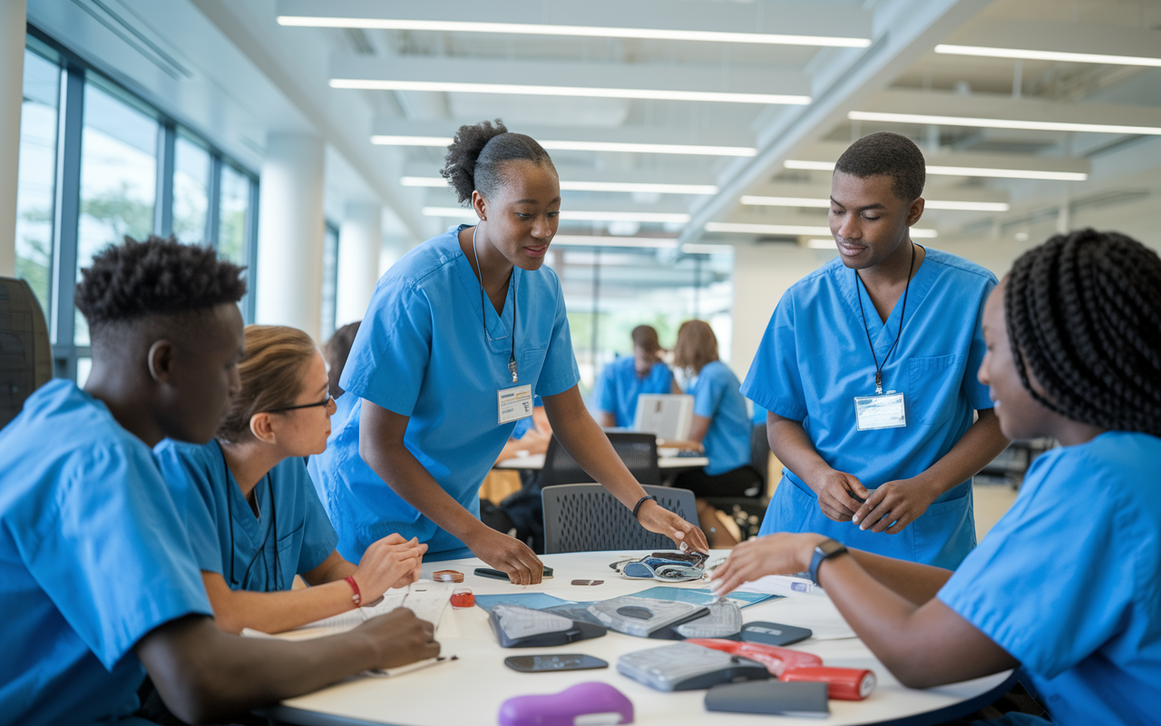 An engaging shot of students at the University of Medicine and Health Sciences in St. Kitts participating in a collaborative workshop, classroom filled with interactive learning tools, bright atmosphere symbolizing innovation and teamwork in medical education.