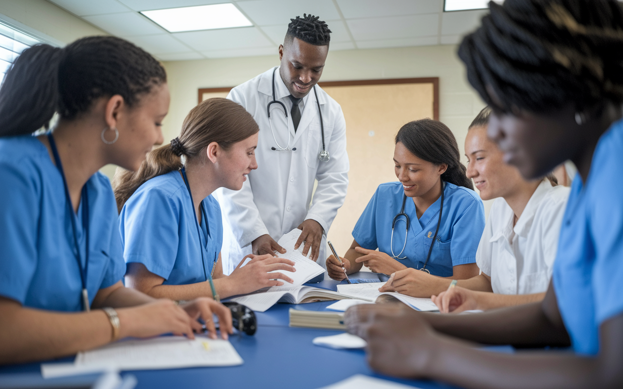 A lively yet focused scene at Trinity School of Medicine in St. Vincent and the Grenadines, where students are engaged in small-group problem-based learning sessions, surrounded by a friendly classroom environment, suggesting collaboration and experiential learning.