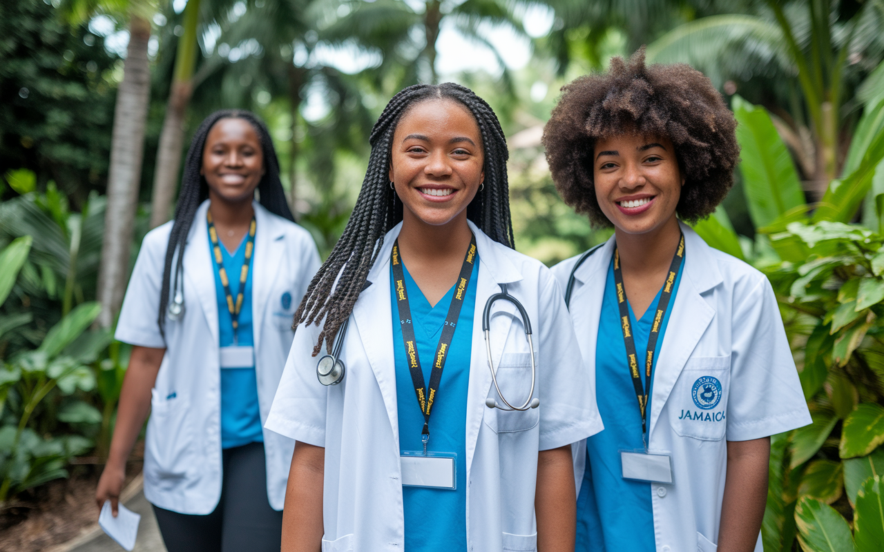 A warm and welcoming image of All American Institute of Medical Sciences in Jamaica, showcasing students actively participating in community health projects, diversity among students, vibrant local culture reflected in activities, promoting a holistic approach to medical education.