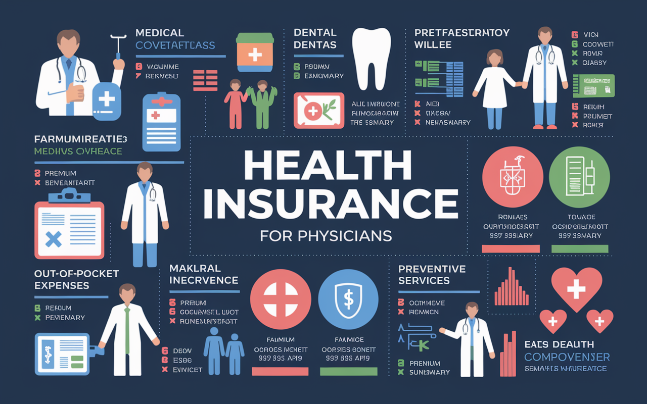 A detailed infographic-style image displaying various types of health insurance benefits for physicians. Include icons representing medical, dental, and vision coverage, along with family representation. Show comparative aspects such as premium costs, out-of-pocket expenses, and preventive services. Use bright colors and clear, engaging visuals to outline each component, creating an informative and easy-to-understand summary.