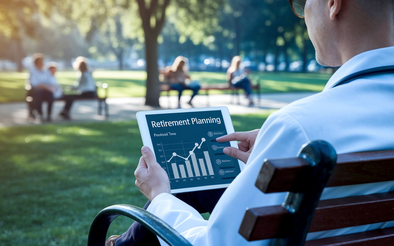 A serene scene depicting a physician sitting on a park bench, looking at a tablet displaying a retirement planning app with growing savings charts and graphs. The background shows a park with trees and families enjoying the outdoors, symbolizing personal time and future planning. The lighting is soft and warm, reflecting a hopeful and secure future. Emphasize the contrast between the busy hospital environment and this tranquil moment, enhancing the theme of work-life balance.