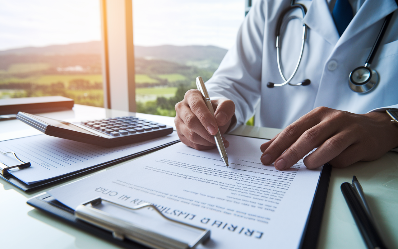 A focused composition of a physician reviewing malpractice insurance documents in an office setting. Include visual elements like a calculator, a notepad with notes about premium costs, and a reassuring landscape in the background, suggesting security and stability. The lighting should be conducive to an atmosphere of concentration, with warm hues to symbolize trust and professionalism.