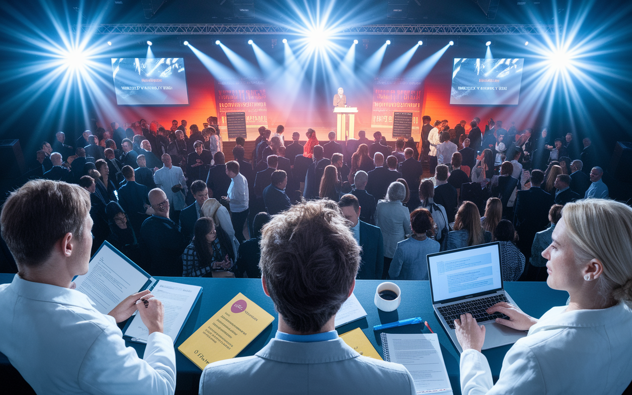 A vibrant and engaging scene showcasing a physician attending a medical conference. Include elements such as a crowded conference hall, a podium with a speaker, and attendees mingling. Accentuate elements of learning, engagement, and networking, with visual cues like brochures, a laptop, and notepads. Bright spotlight effects and a lively atmosphere highlight the importance of continued education in a physician's career.