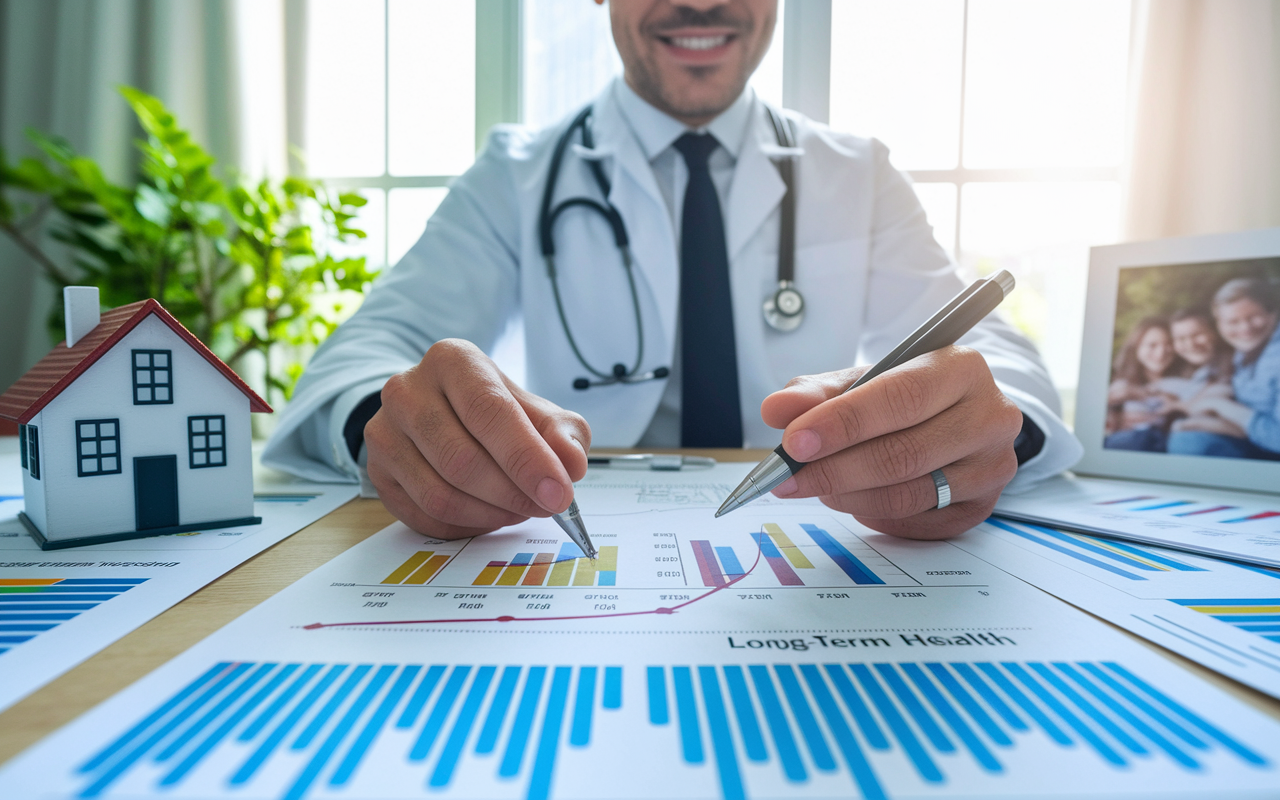 An optimistic scene depicting a physician examining a financial roadmap at a desk surrounded by charts indicating savings and investments for long-term health. Include objects like a house model symbolizing home ownership and a family photo suggesting personal investment, with bright natural light illuminating the scene. Emphasize planning and happiness as the physician looks towards a prosperous future.