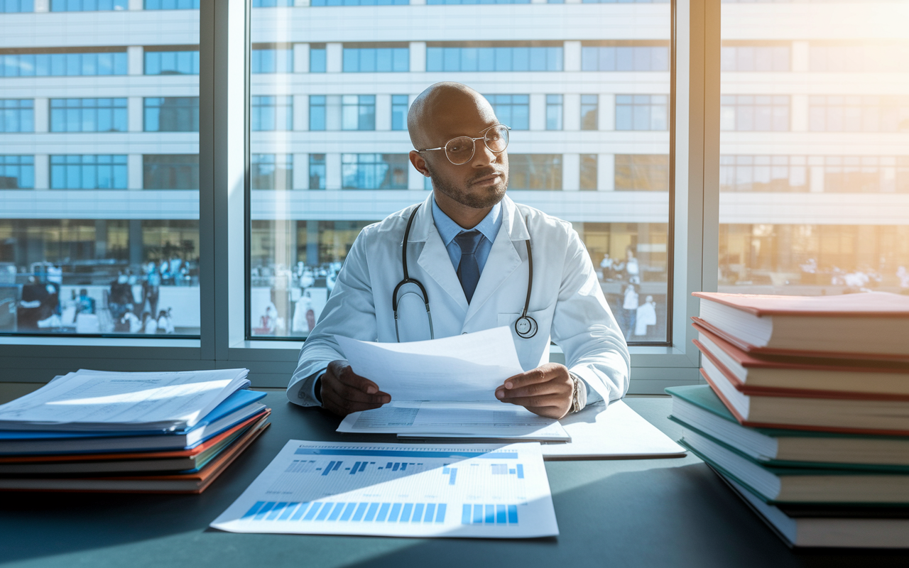 A physician in a hospital office, reviewing paperwork at a desk cluttered with medical books and charts, reflecting a salary-based compensation model. The physician looks thoughtful, with a window showing a bustling hospital environment outside. Natural light streaming in, casting soft shadows, creating a warm, professional atmosphere.