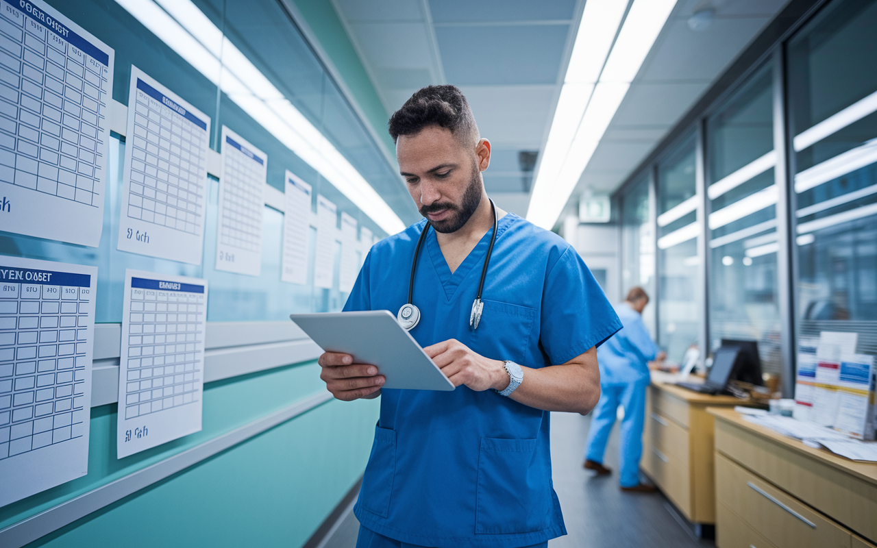 A busy physician in scrubs stands in a clinic examining a computer tablet, looking at data on patient load and RVUs. Charts and patient schedules on the wall portray a high-volume environment. The scene is vibrant, with fluorescent lights creating an energetic and fast-paced atmosphere.