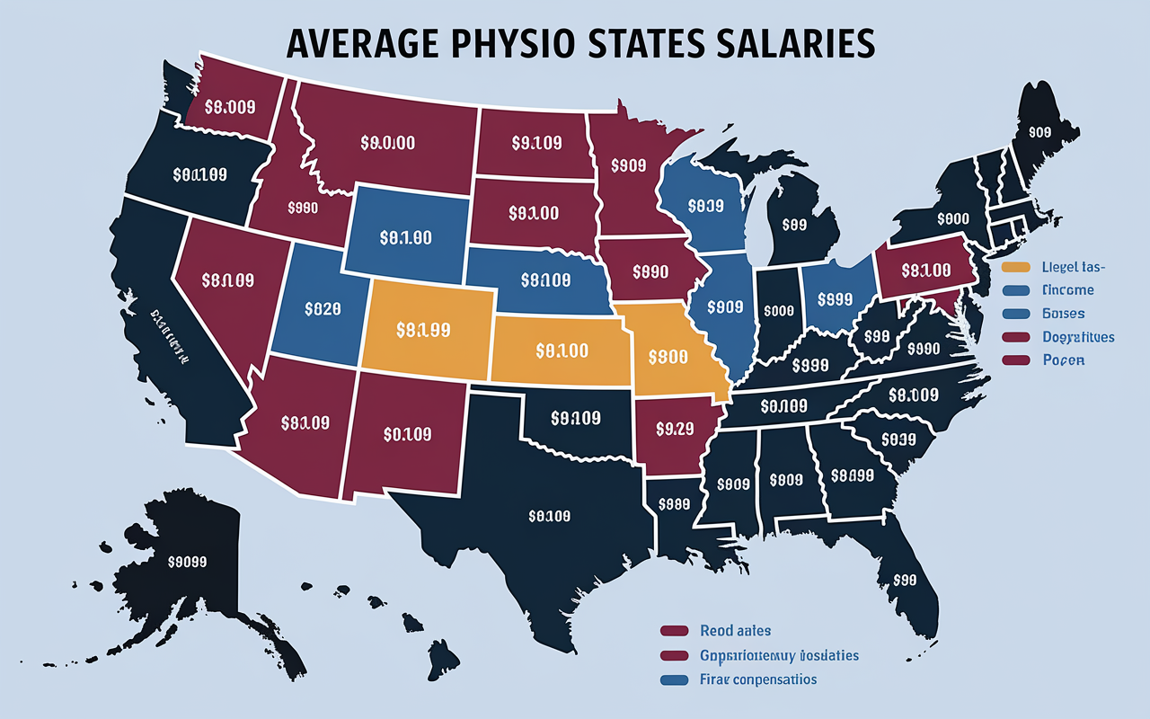 A colorful map of the United States highlighting average physician salaries by state and region, indicating high-paying areas in urban zones as well as rural areas with financial incentives. Clear label and gradient shading to represent salaries, such as reds for higher pay and blues for lower compensation. A legend explaining income disparities provided.