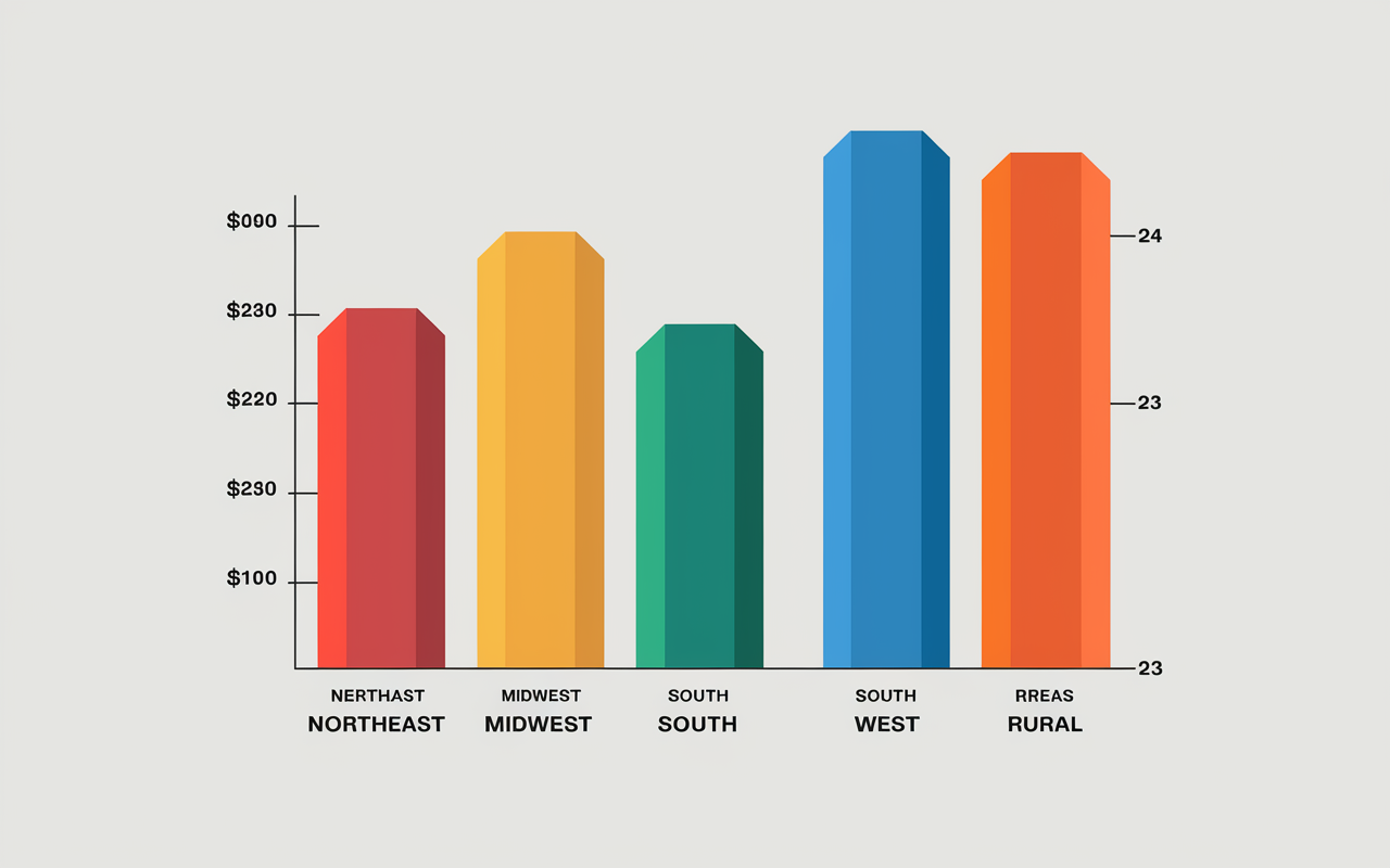 A bar graph comparing average annual physician salaries by region in the U.S. with distinct segments for Northeast, Midwest, South, West, and Rural Areas. Each bar filled with vibrant colors, representing the differing compensation levels with clear axes, labels, and a legend for enhanced clarity.