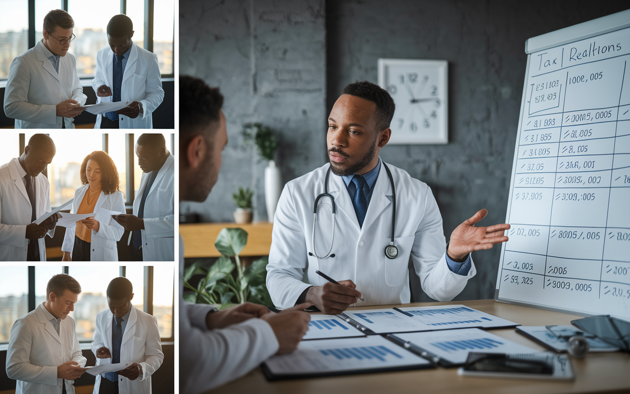 A collage of images showcasing a high-income physician reviewing financial documents and discussing strategies with a financial planner in a well-appointed office. The scene features a diverse group of physicians in professional attire, examining charts and financial reports. A large whiteboard displays tax brackets and deductions, and a modern clock indicates the late afternoon light seeping through the office windows, embodying the dedication of physicians towards effective tax planning.