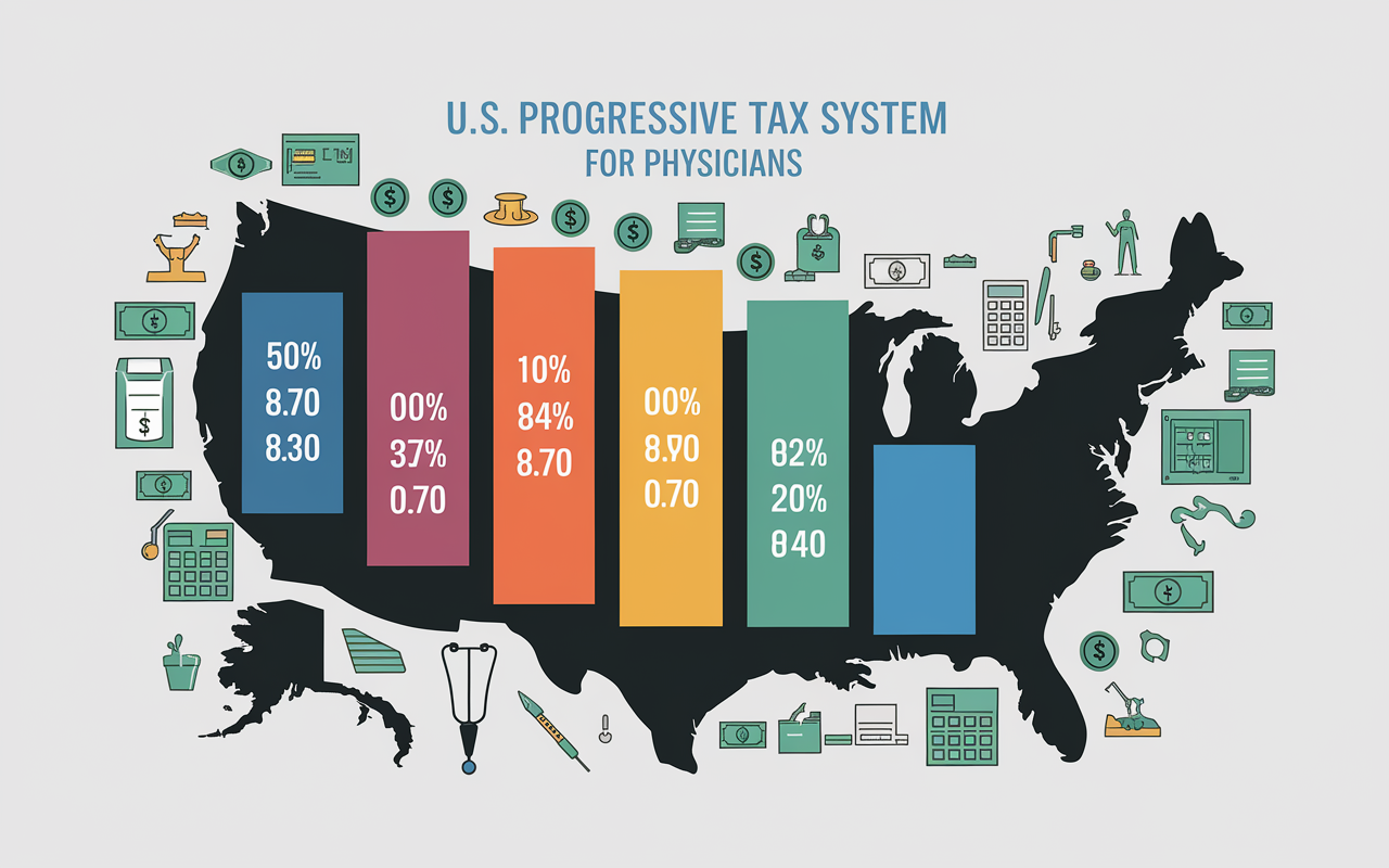 An artistic infographic illustrating the U.S. progressive tax system with colorful bars representing different tax brackets. Each section displays percentage rates in a bold font, surrounded by icons of medical tools, dollar signs, and calculators, showcasing the relationship between income levels and tax rates. The background features a subtle gradient to enhance visual impact, creating an informative yet engaging snapshot of tax planning for physicians.