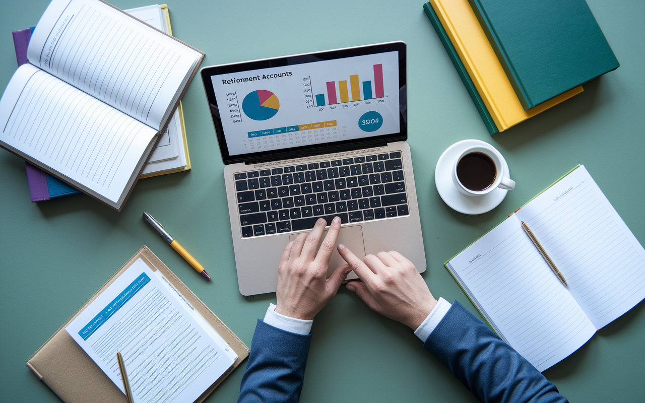 An overhead view of a modern office desk with a laptop displaying a retirement calculator, charts of retirement accounts, and colorful documents. A hand is pointing to the screen, emphasizing the importance of maximizing contributions to 401(k)s, 403(b)s, and SEP-IRAs, surrounded by financial planning books and a cup of coffee, symbolizing the focus on securing financial futures for high-income physicians.