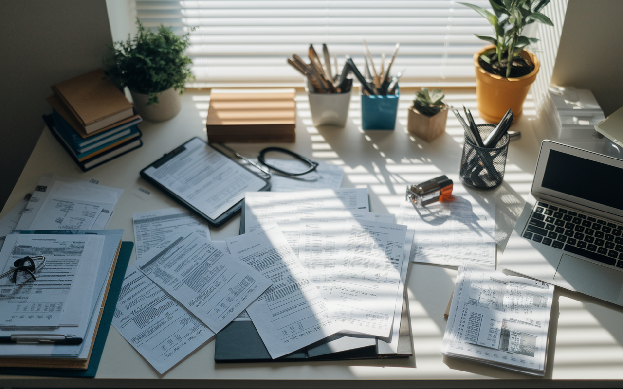 A meticulously organized home office setting with various receipts, medical equipment, and office supplies neatly arranged, emphasizing the importance of detailed record-keeping for tax deductions. Natural sunlight filters through a window, creating soft shadows and highlighting the items on the desk, representing the busy life of a physician preparing for tax season with diligence and care.