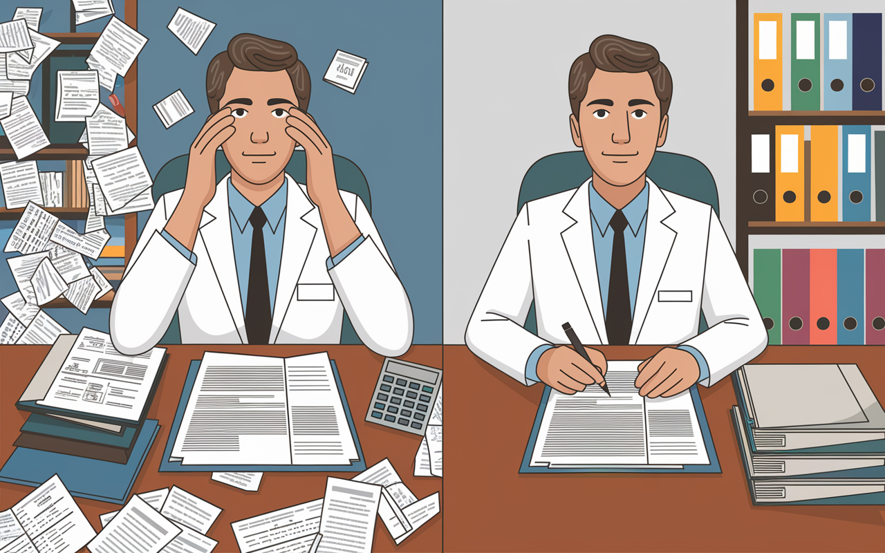 A split-scene illustration showing two contrasting situations: on one side, a stressed physician surrounded by crumpled documents and a chaotic desk during tax season, and on the other, a relaxed physician in a tidy office confidently reviewing their organized tax files with a tax advisor. This highlights the theme of common tax mistakes versus effective, strategic planning.