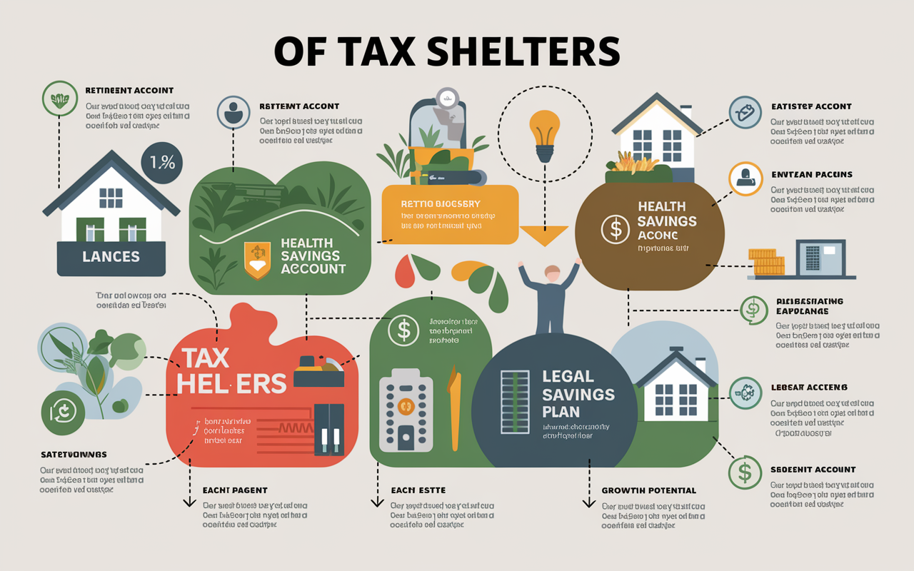 An educational infographic illustrating the concept of tax shelters. The visual contains a variety of tax shelters with vibrant colors, such as a retirement account, health savings account, real estate imagery, and education savings plan. Each section is artistically designed with arrows and data points, emphasizing tax benefits and growth potential. A mix of icons representing financial planning and legal compliance adds clarity, providing a visually engaging overview of how different tax shelters operate.