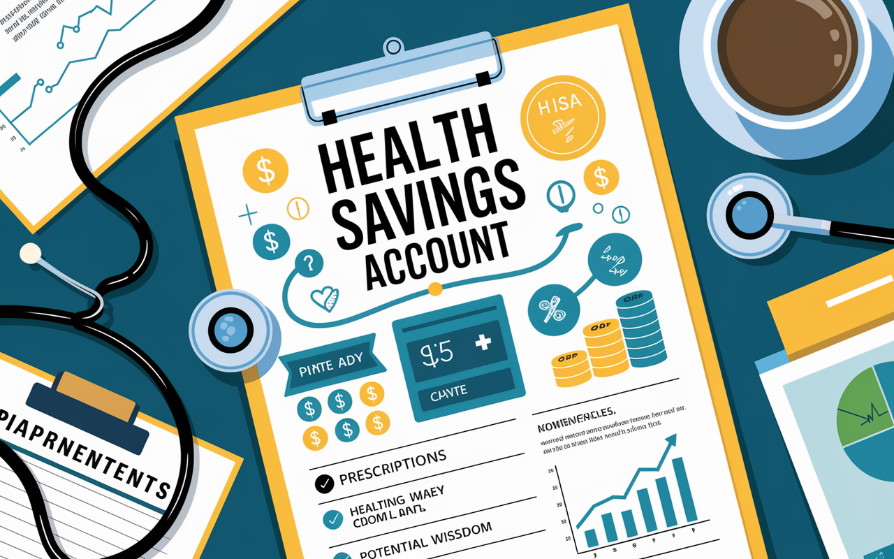 An attractive digital illustration showing a Health Savings Account (HSA) flyer on a table filled with medical paraphernalia, such as a stethoscope, prescriptions, and a medical image. The HSA document highlights the benefits and tax advantages with eye-catching graphics and icons of money, healthcare symbols, and potential growth graphs. Soft pastel colors create a soothing atmosphere, bridging healthcare and financial wisdom suitable for physicians.