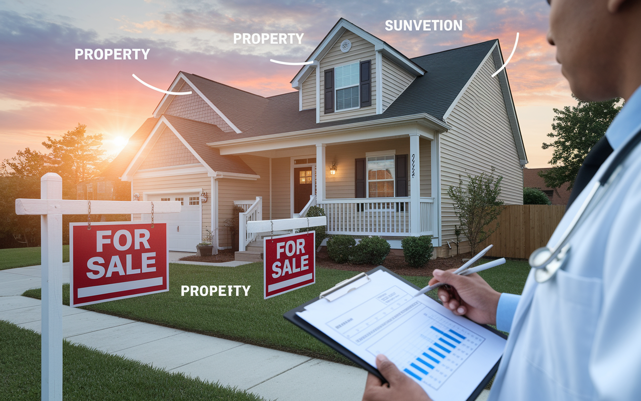 A dynamic scene of a physician examining a real estate property, reviewing investment documents while standing outside a well-kept residential asset. The image captures the essence of potential growth, with a beautiful sunset in the background, creating a warm glow. Visual elements like 'For Sale' signs, property value charts, and estimated profit margins enhance the sense of opportunity, highlighting the intersection of healthcare and property investment for financial growth.